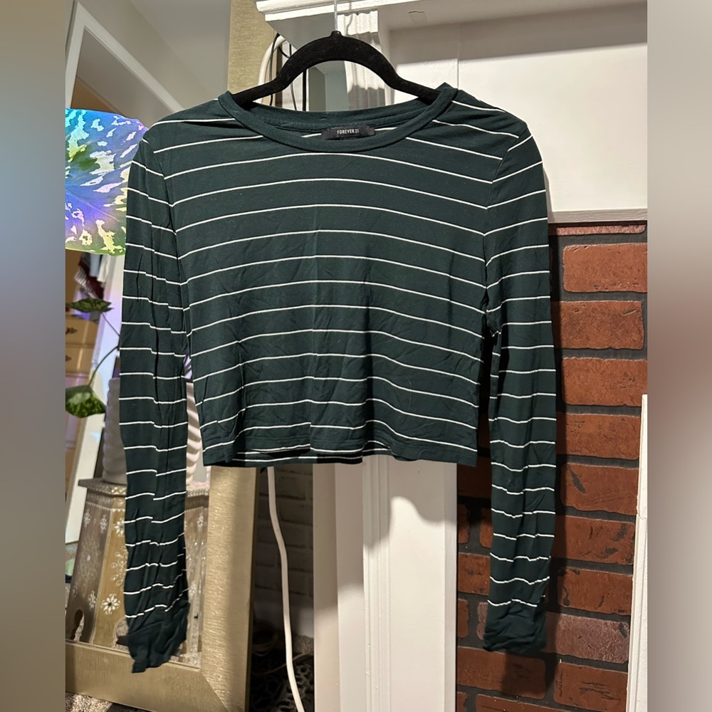 Dark Green Striped Long Sleeve Cropped Shirt